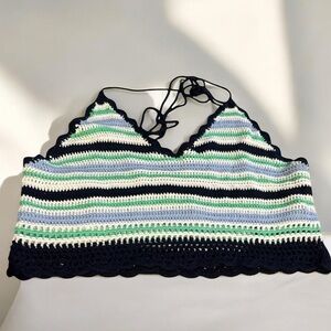 Aerie Multi-Colored Striped Crochet Knit Halter Top sz L nwot